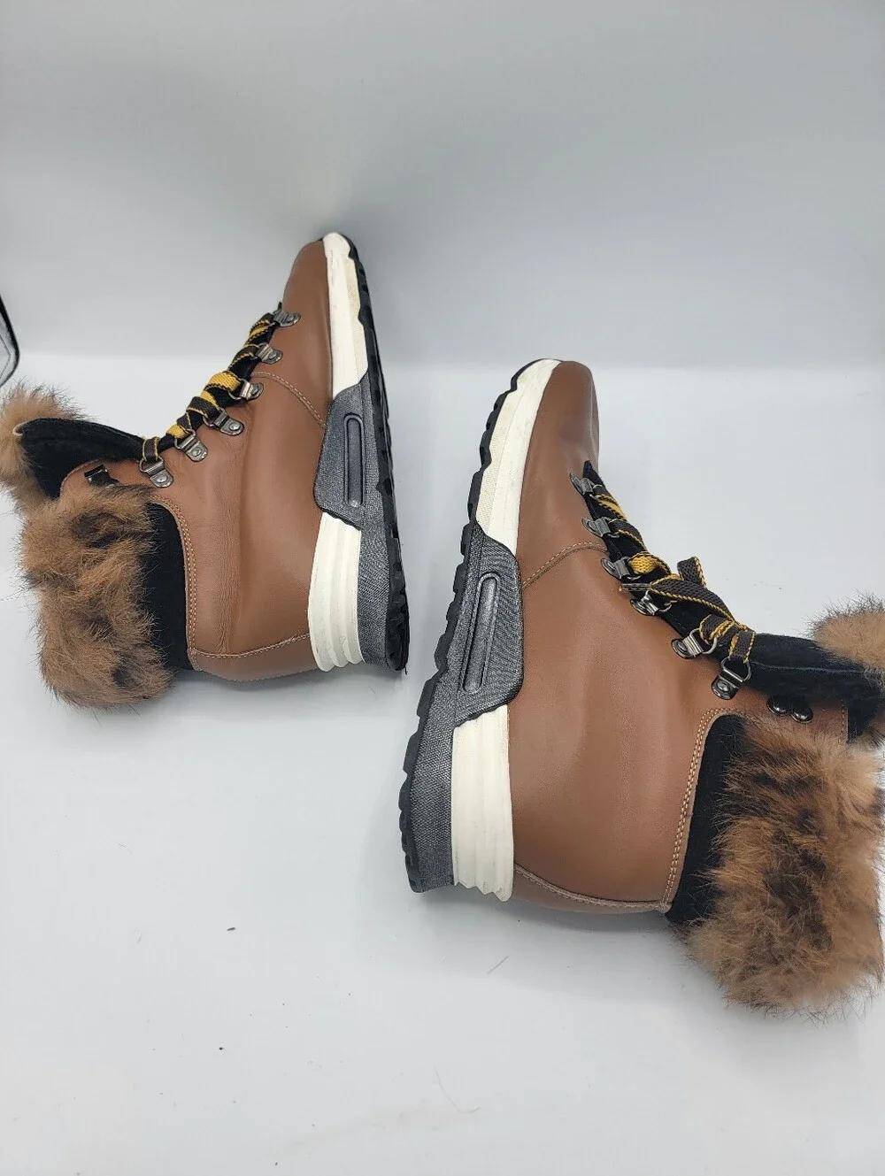 Sesto Meucci Brown Faux Fur Trim Lace-Up Winter Boots with Yellow Laces